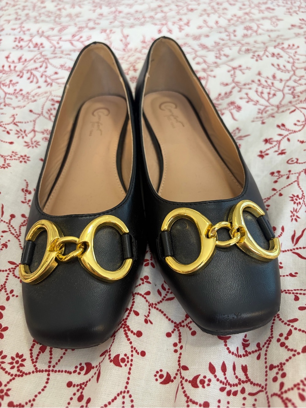 Black Leather Flats with Gold Link Hardware